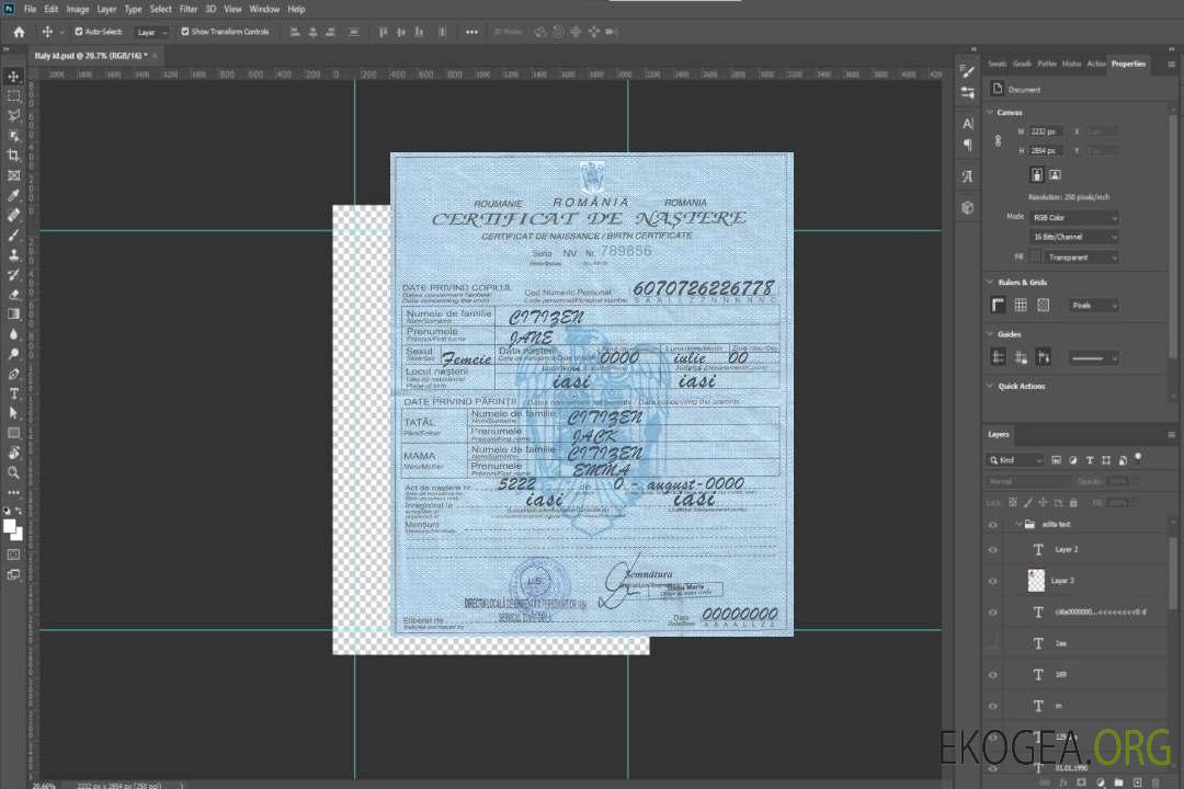 Modèle d'acte de naissance de Roumanie au format PSD template Modèle d'acte de naissance de Roumanie au format PSD template